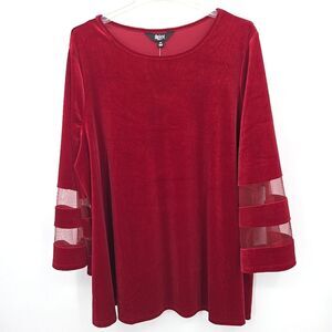 Slim Factor Blouse Top Womens Size 2X Red Velvet Mesh Bell Sleeves Holiday Boho